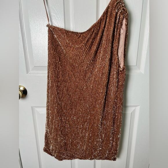 Retrofete Sequins One Shoulder Bronze Velvet Waist Tie Ella Mini Dress L - Picture 3 of 9